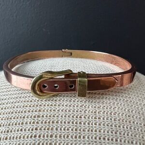 Vintage Copper & Brass Belt Buckle Bracelet Adjustable Hinged Signed Mexico 70s